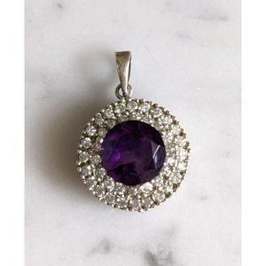 Vintage Round Silver Tone CZ and Purple Crystal Pendant EUC